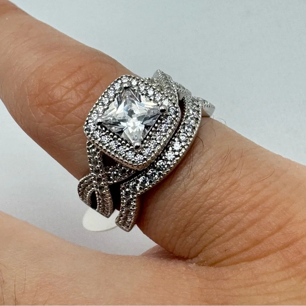 Sterling Silver CZ Double Band Ring Size 5 Halo Princess Cut New